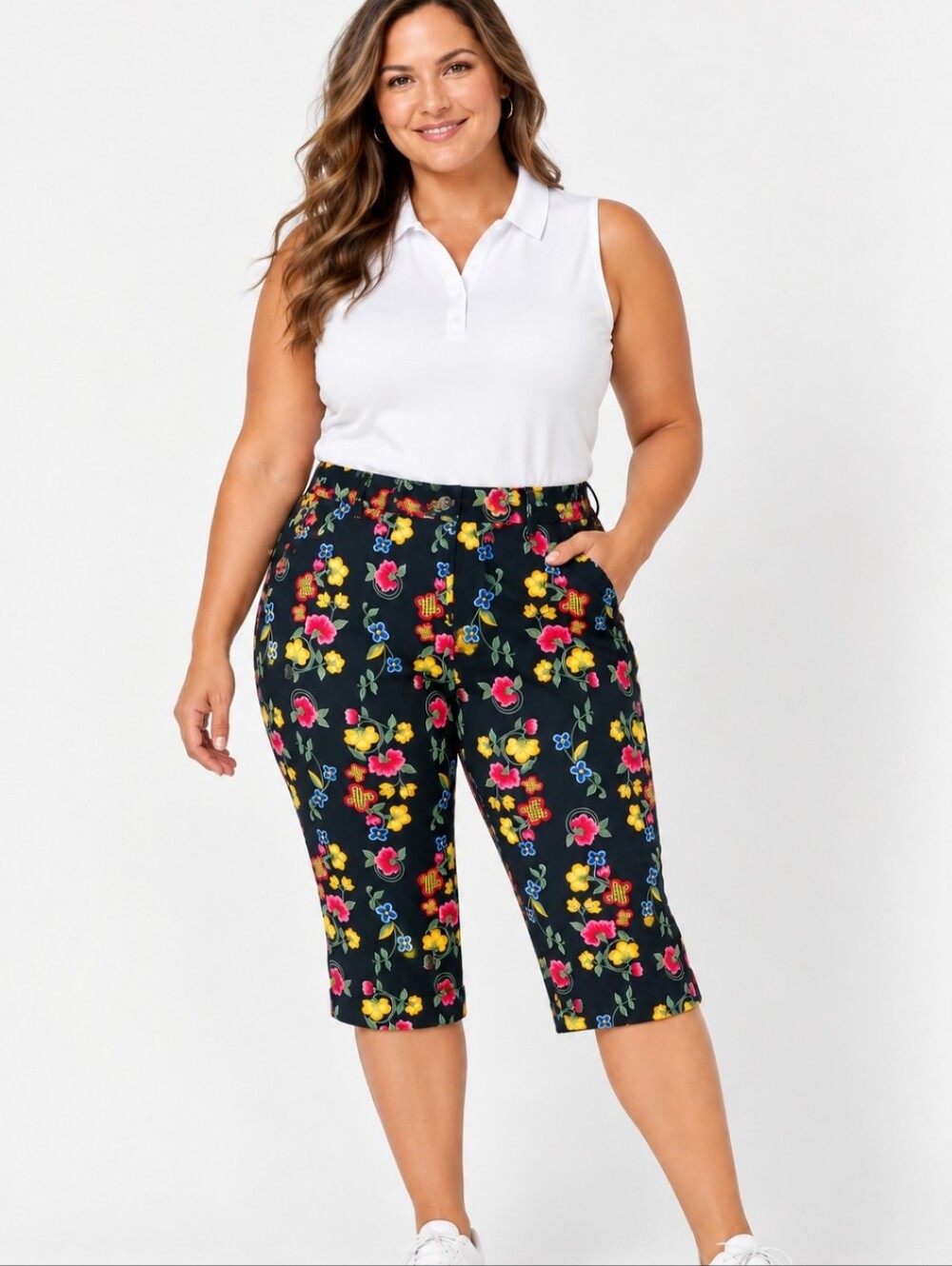 Loudmouth Womens Black Floral Multicolor Golfing Capri Pants 20W Plus